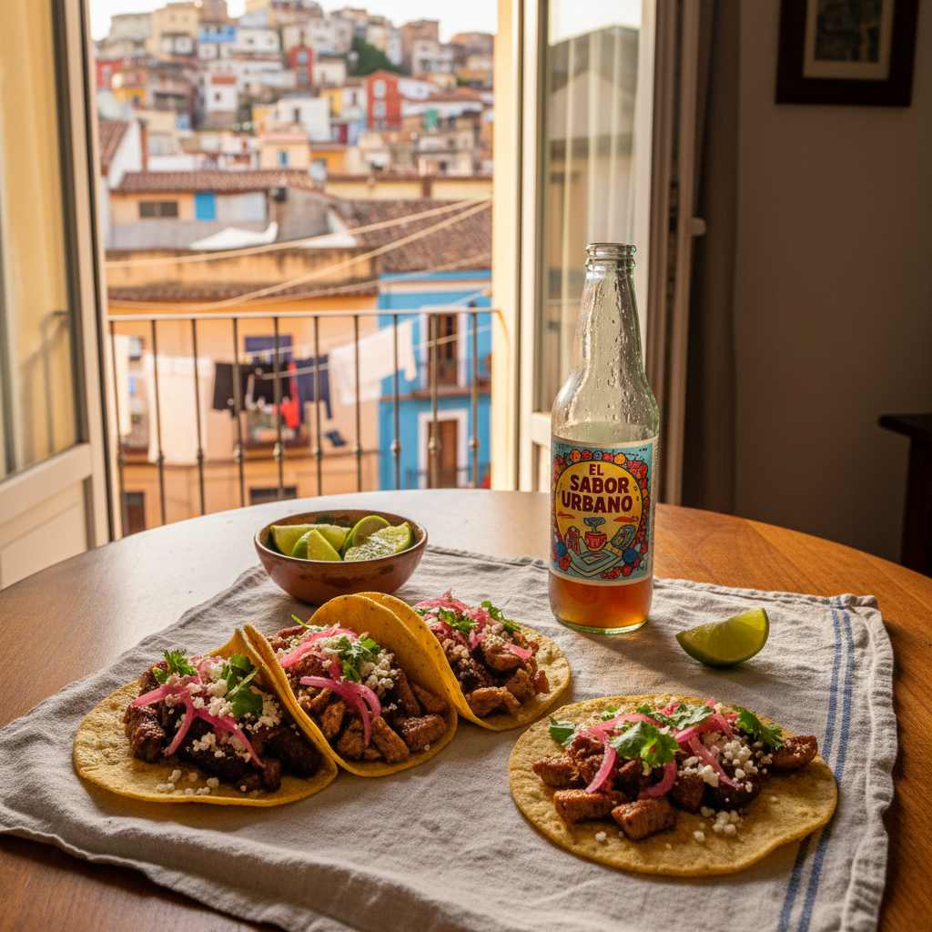 A small, sunlit kitchen table in a cozy apartment abroad, covered with a mismatched collection of local street food: neatly arranged tacos overflowing with vibrant toppings, a bowl of lime wedges, and a glass bottle of regional soda with condensation. In the background, a narrow balcony door is open to reveal a distant cityscape of colorful buildings and laundry lines. Warm late-afternoon light spills in, illuminating the glossy surfaces of the dishes and casting soft shadows across a wrinkled linen tablecloth. Shot from a three-quarter overhead angle with crisp focus, the composition feels playful and lived-in, capturing the joy of eating like a local during real travels in vivid photographic detail.