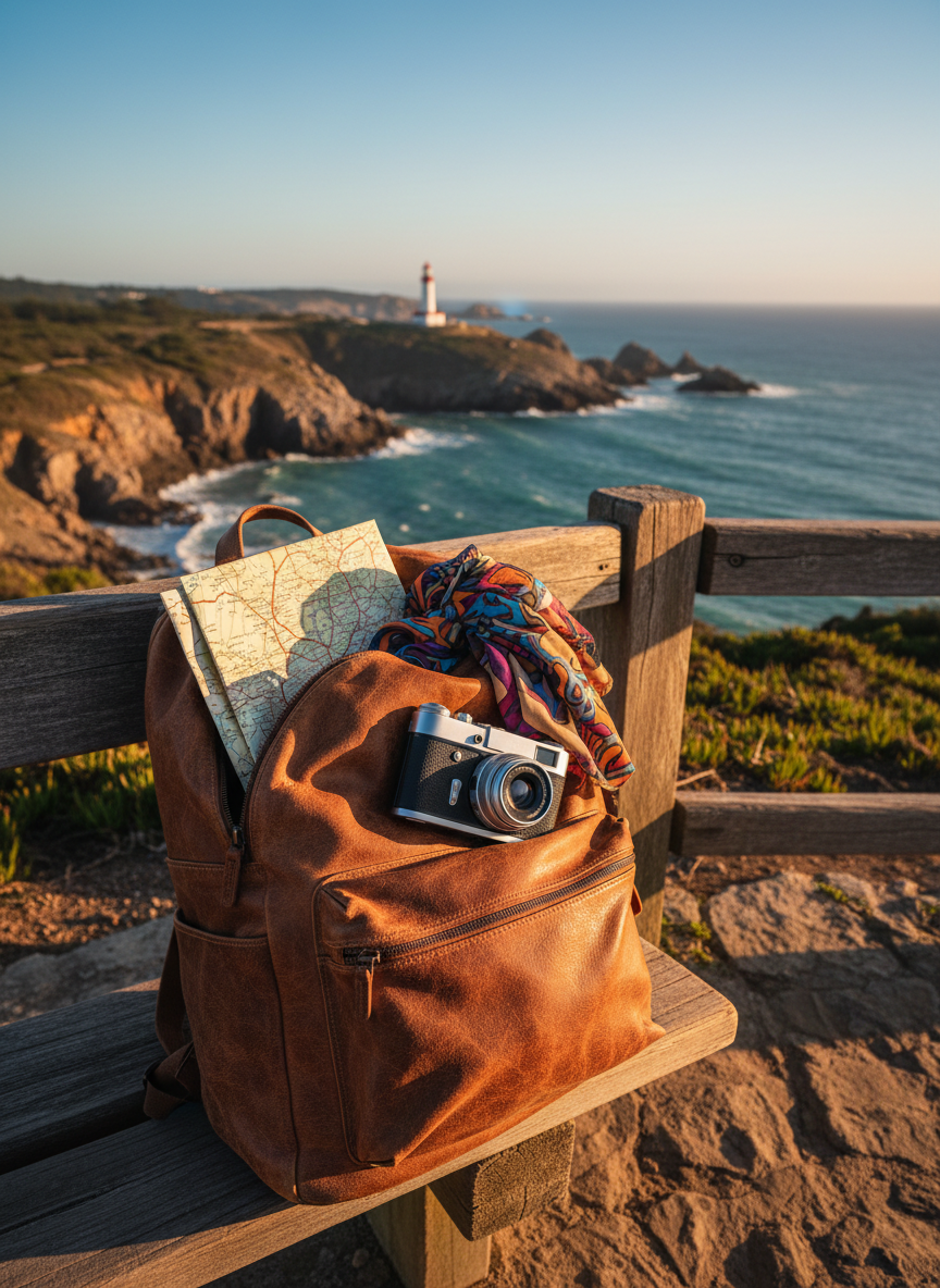 A well-worn leather backpack leaning against a sunlit wooden bench at a scenic coastal overlook, its zippers slightly open to reveal a folded paper map, a colorful scarf, and a compact camera. Beyond the railing, a sweeping vista of turquoise ocean, rugged cliffs, and a distant lighthouse stretches toward the horizon under a clear blue sky. Soft golden hour light casts warm highlights on the backpack’s textured surface and long, playful shadows on the stone path. Shot at eye level with a shallow depth of field, the backpack is crisply in focus while the dramatic seascape gently blurs, creating a vibrant, photographic realism that feels adventurous and inviting.