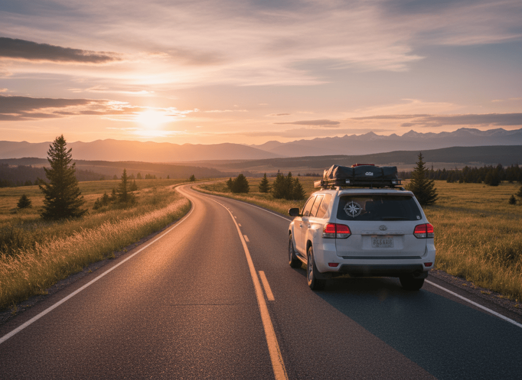 A white SUV driving down an open road, scenic landscape, natural lighting, sense of journey and departure